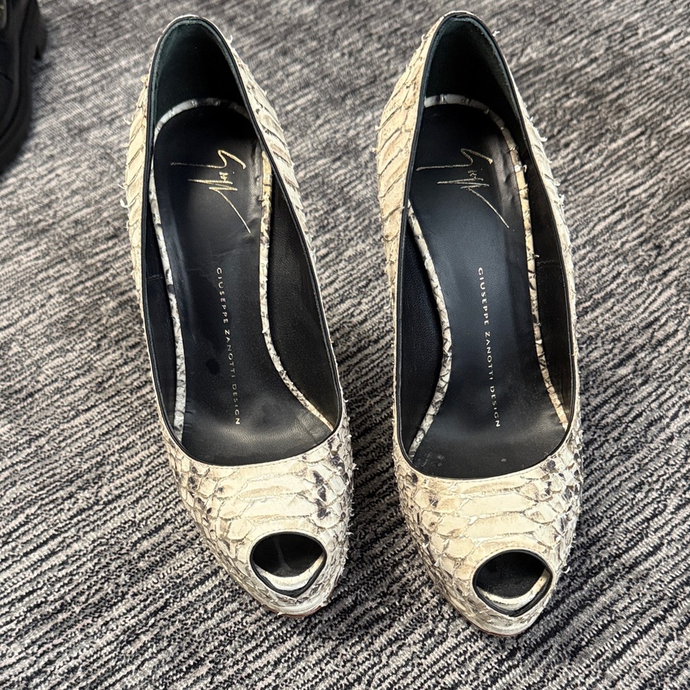 Giuseppe Zanotti Snakeskin Peep Toe Heels